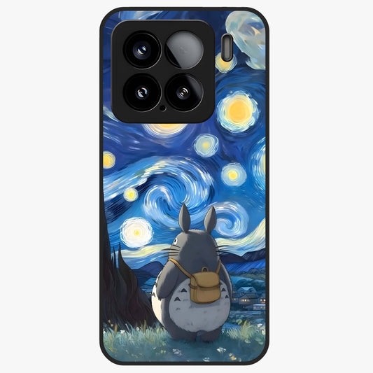 Totoro In Van Gogh Art Glass Case showing flat back view with whimsical character artwork inspired by Van Gogh style and glossy glass finish.