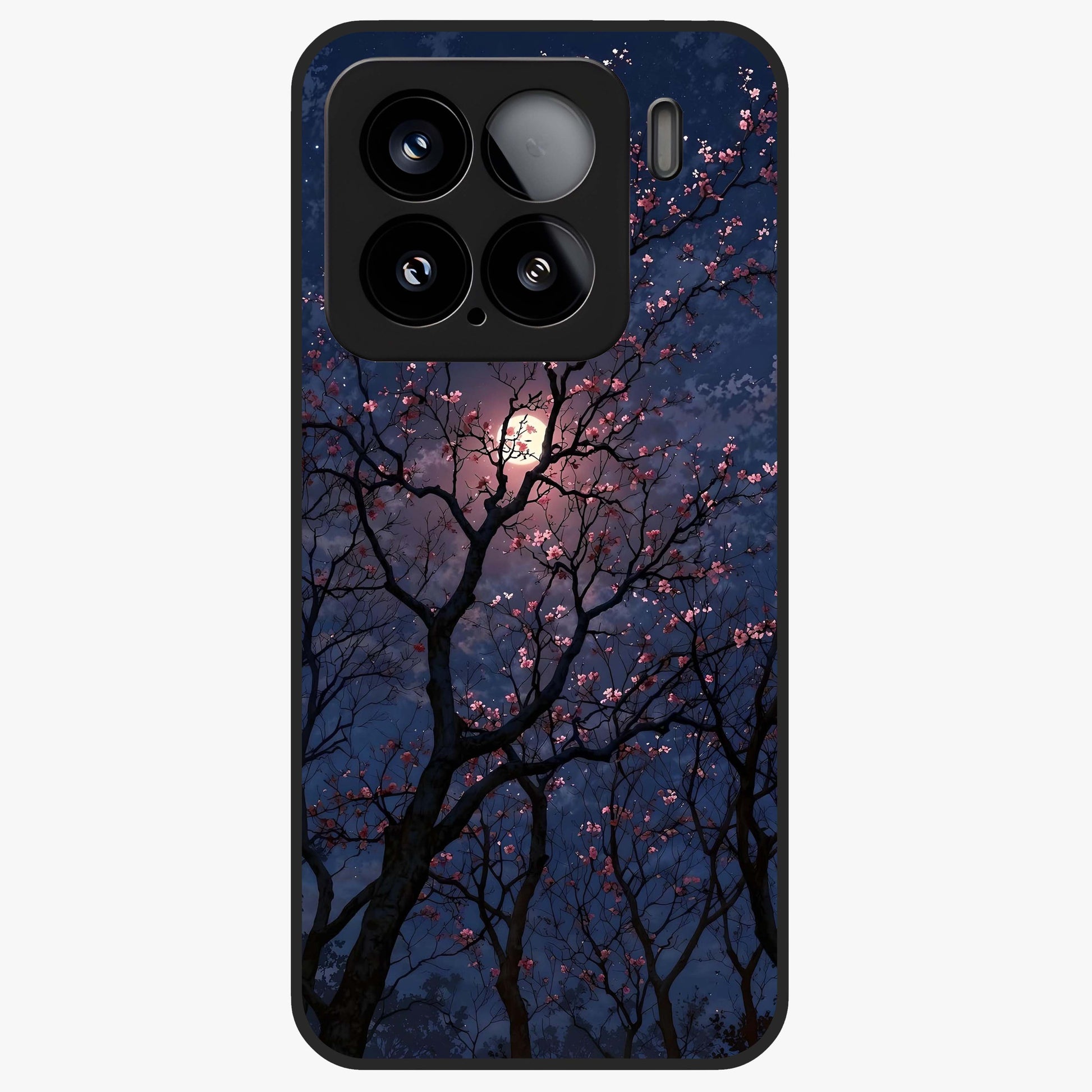 Twilight Sakura Serenade Glass Case showing flat back view with cherry blossom artwork at twilight and glossy glass finish.