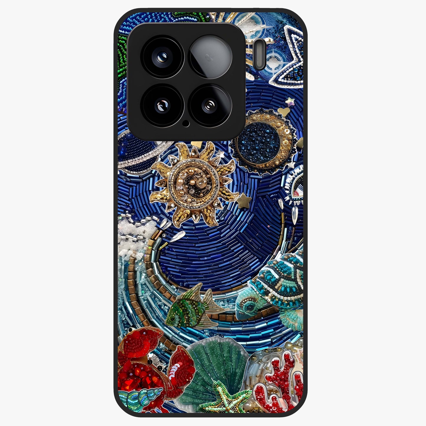 Universe Underwater Spark Glass Case showing flat back view with cosmic underwater themed artwork and glossy glass finish.