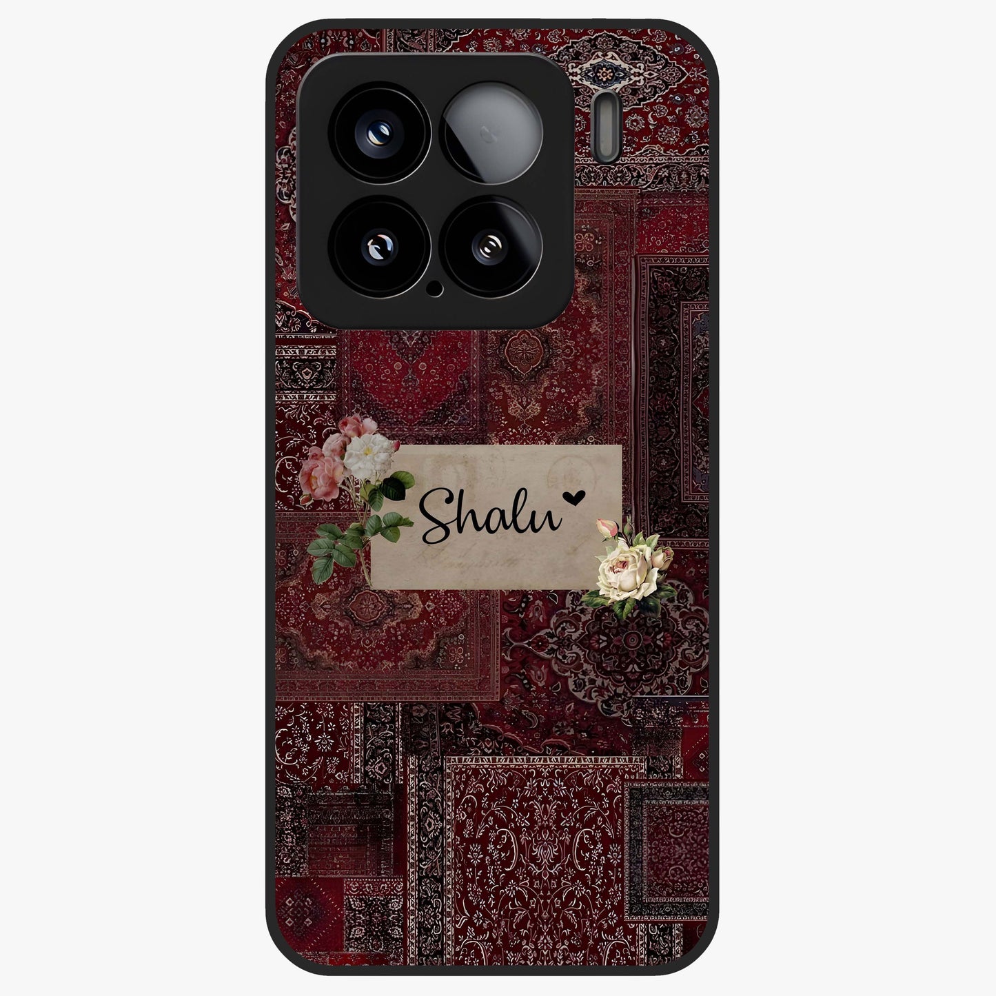 Velvet Wine Pattern Custom Name Glass Case showing flat back view with elegant wine colored pattern artwork and personalized name design.