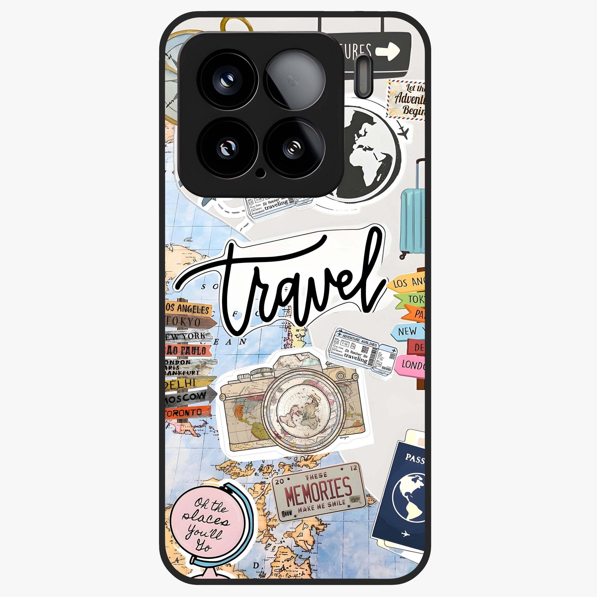 Wanderlust Journal Glass Case showing flat back view with travel inspired artwork and glossy glass finish.