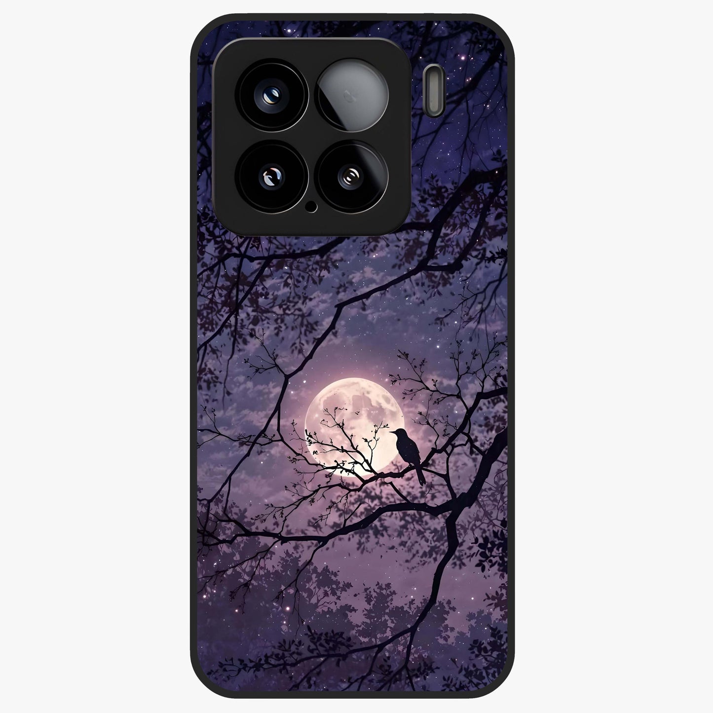 Whispering Moon Silence Glass Case showing flat back view with serene moon themed artwork and glossy glass finish.
