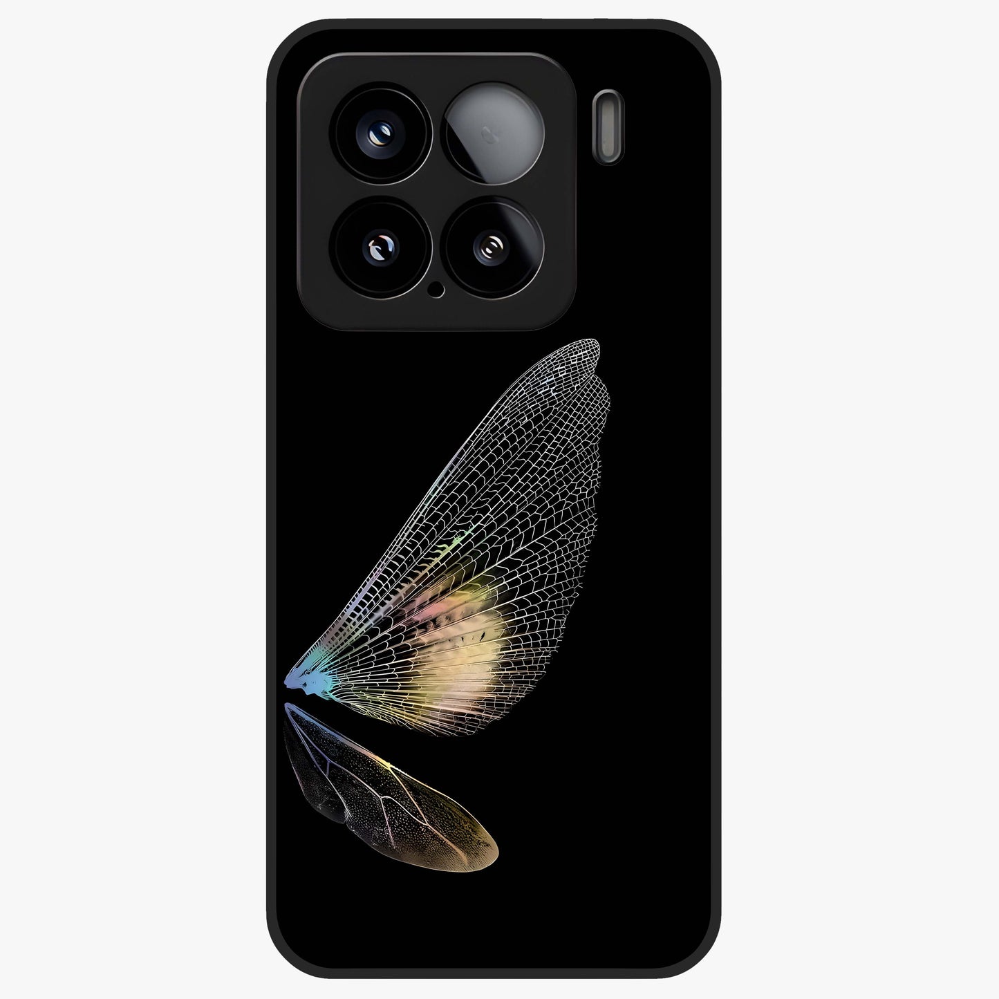 Whispers Of Wings Glass Case showing flat back view with graceful wing inspired artwork and glossy glass finish.