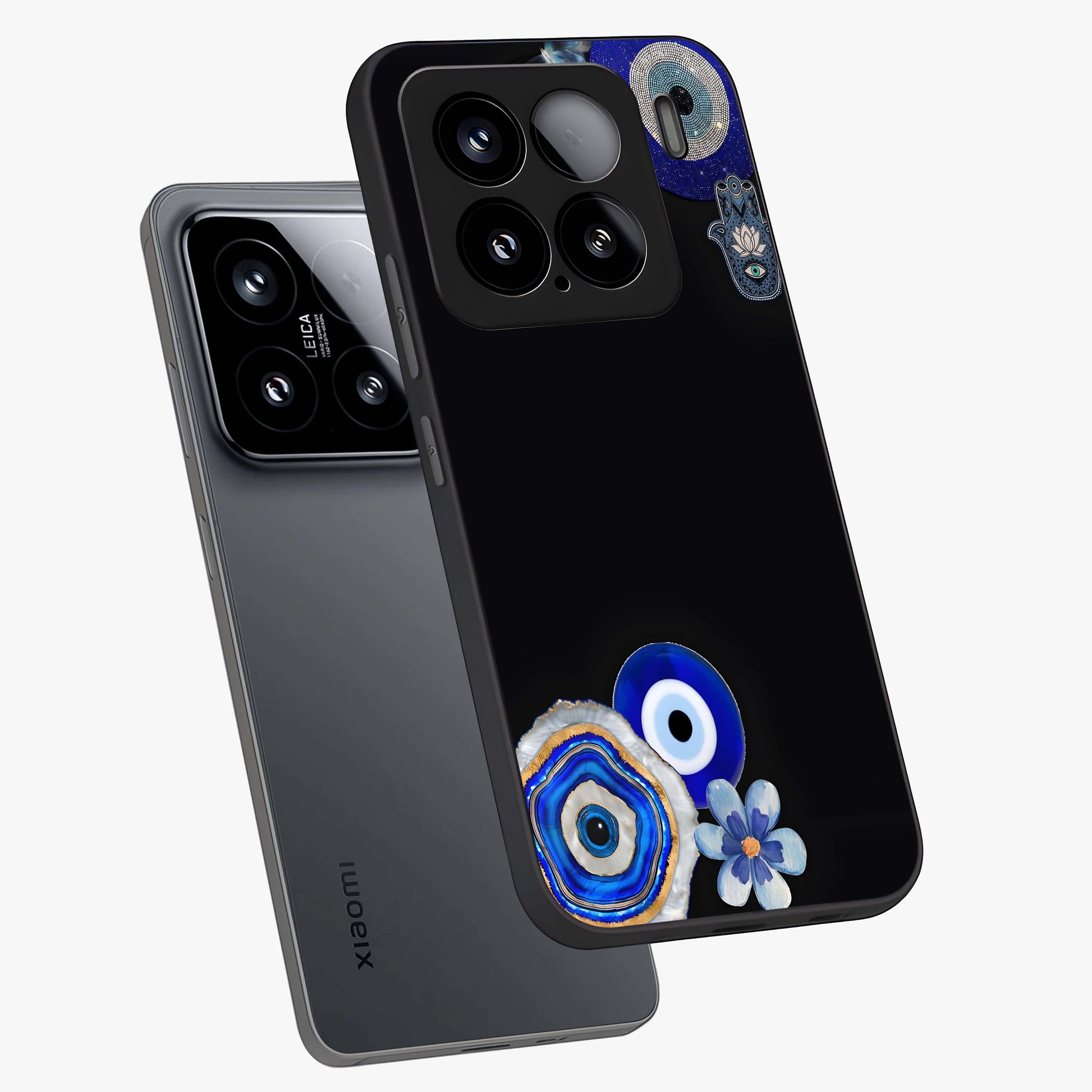 Aesthetic Blue Evil Eye Glass Case displayed in angled mockup highlighting blue evil eye symbol and spiritual aesthetic design.