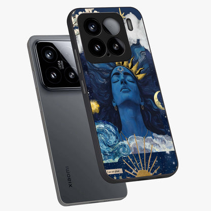 Aesthetic Lord Shiva Glass Case displayed in angled mockup highlighting spiritual Shiva illustration and sacred aesthetic design.