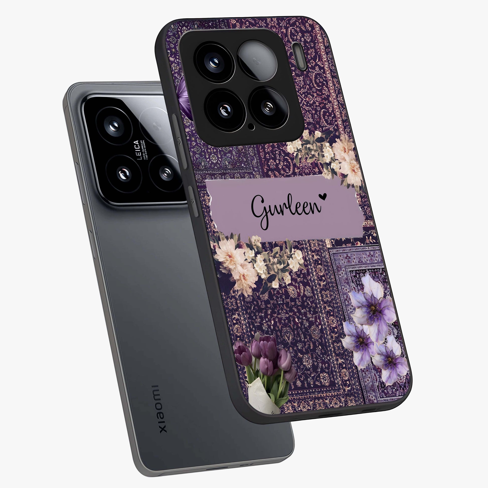 Antique Floral Whisper Custom Name Glass Case displayed in angled mockup highlighting elegant antique floral aesthetic.