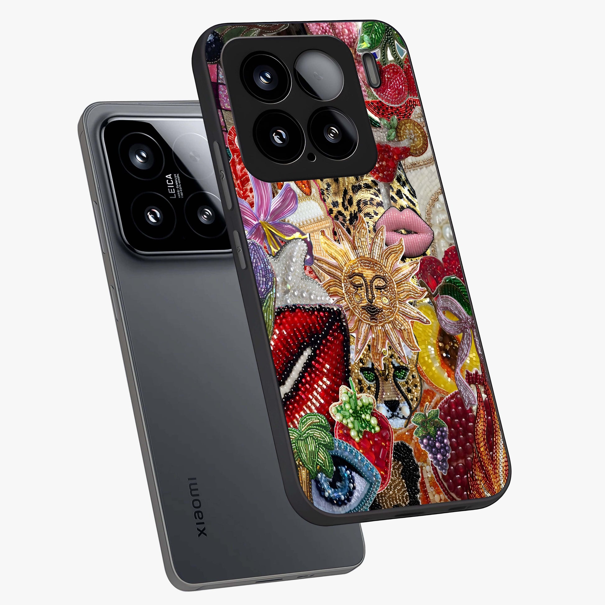 Beaded Fashion Jungle Glass Case displayed in angled mockup highlighting colorful fashion bead design and artistic pattern.