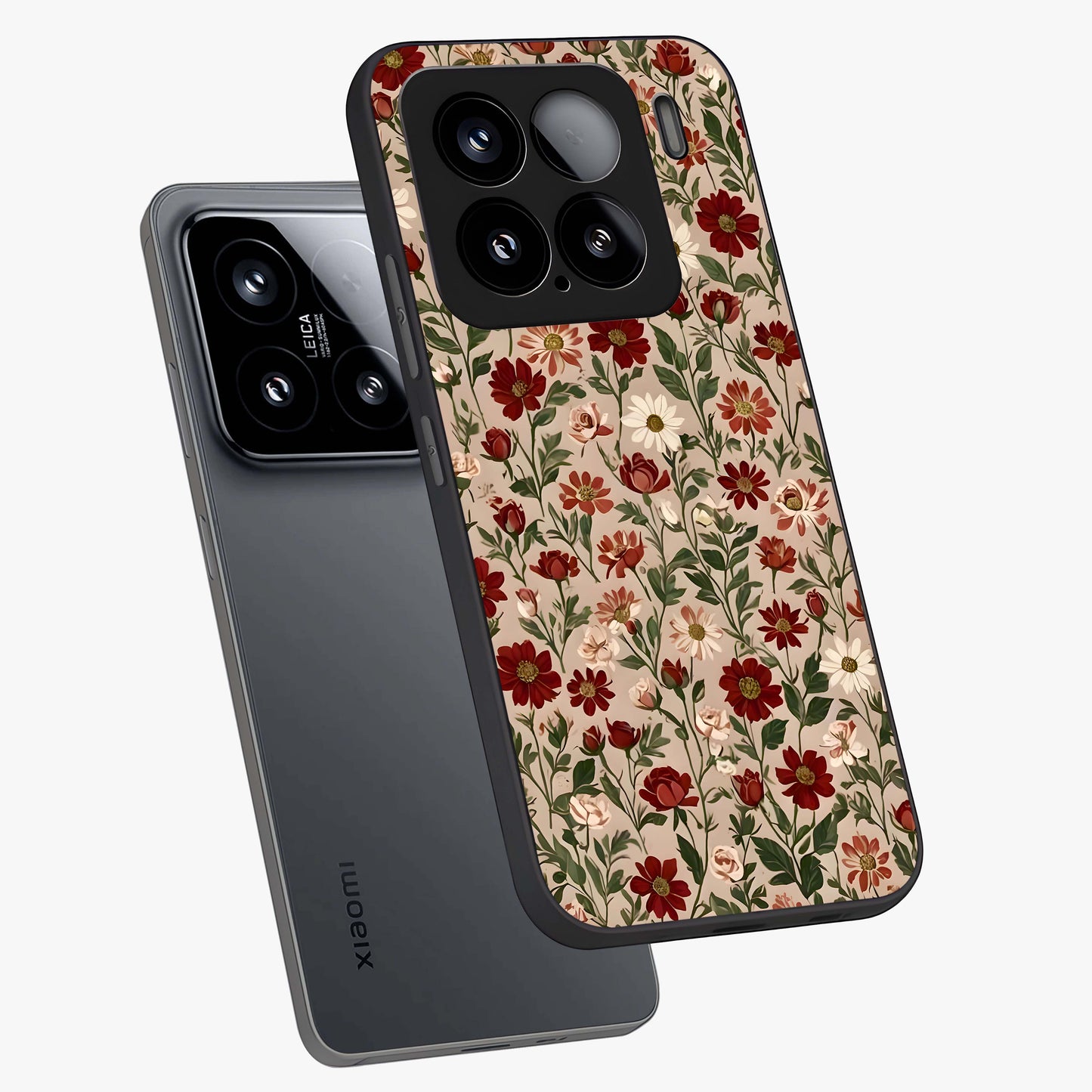 Biege Flower With Leaf Glass Case displayed in angled mockup highlighting minimal floral leaf design and elegant aesthetic.