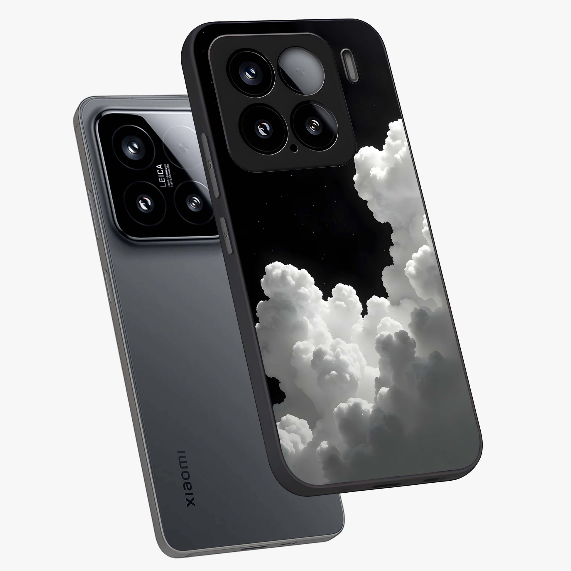 Black Background With White Cloud Glass Case displayed in angled mockup highlighting soft white cloud illustration and minimal design.