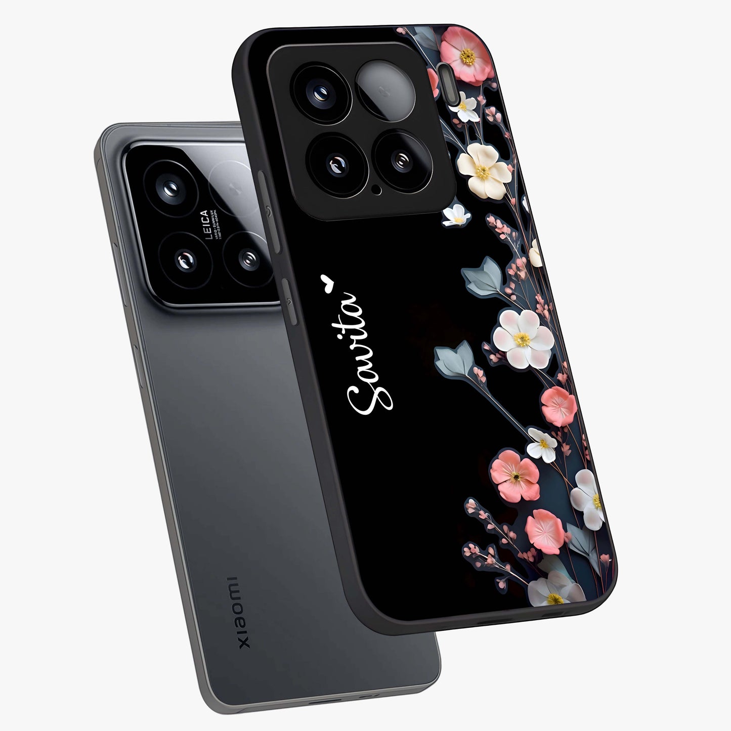 Black Elegance Floral Custom Name Glass Case displayed in angled mockup highlighting dark floral aesthetic and custom name feature.