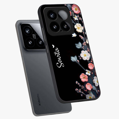 Black Elegance Floral Custom Name Glass Case displayed in angled mockup highlighting dark floral aesthetic and custom name feature.