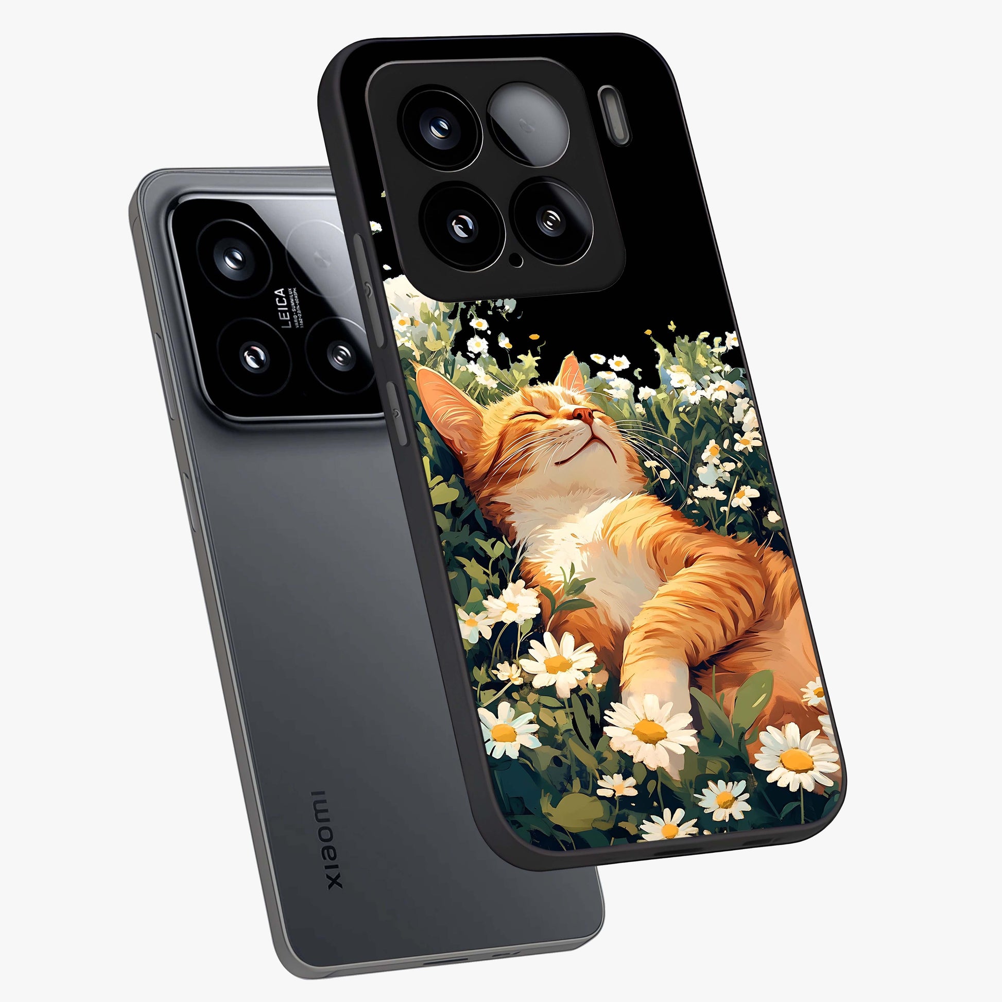 Blissful Bloom Cat Glass Case displayed in angled mockup highlighting playful feline illustration with soft floral aesthetic.