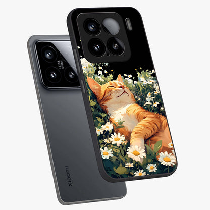 Blissful Bloom Cat Glass Case displayed in angled mockup highlighting playful feline illustration with soft floral aesthetic.
