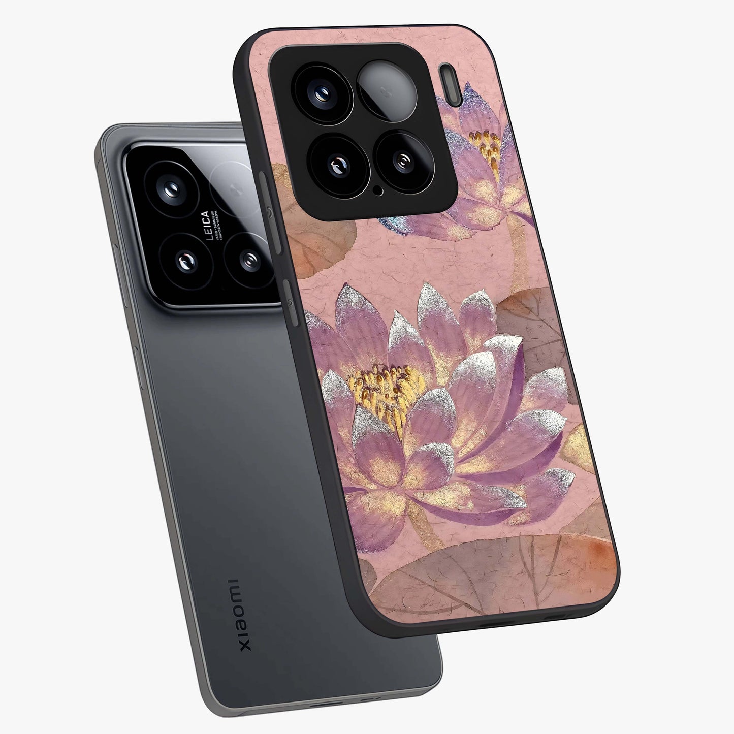 Blossom Mist Lotus Glass Case displayed in angled mockup highlighting delicate lotus illustration with calm aesthetic theme.