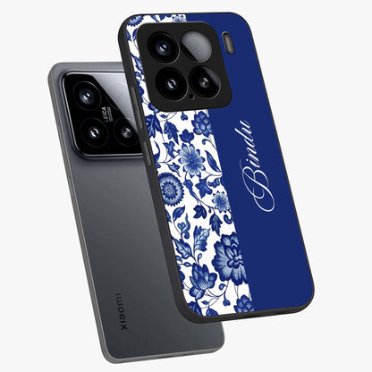 Blue Vintage Floral Pattern Glass Case displayed in angled mockup highlighting subtle bloom pattern with aesthetic pastel design.