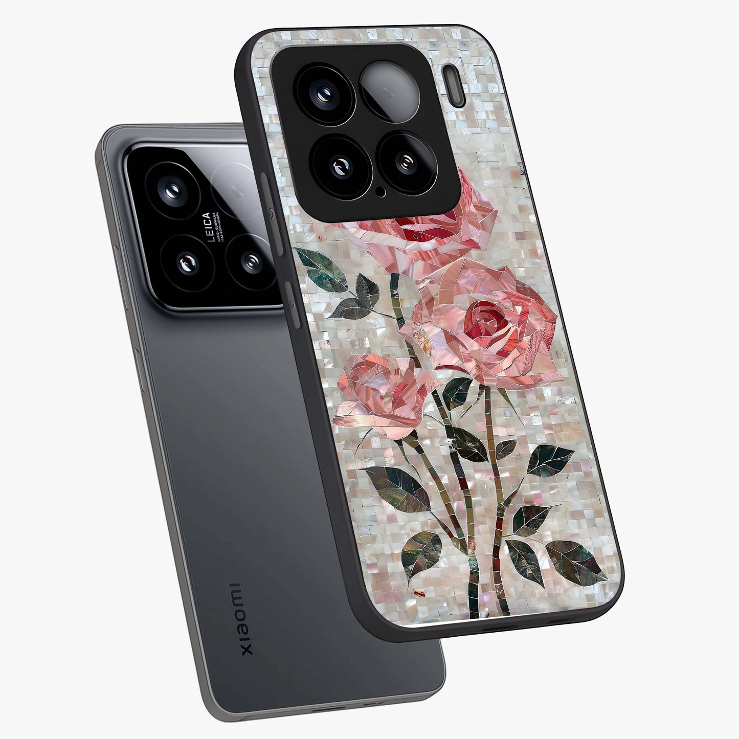 Blush Mosaic Bloom Glass Case displayed in angled mockup highlighting artistic mosaic flower pattern with aesthetic design.