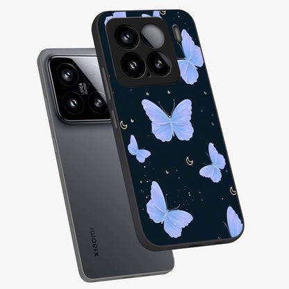 Butterfly With Stars Pattern Glass Case displayed in angled mockup highlighting dreamy butterfly and star design with aesthetic theme.