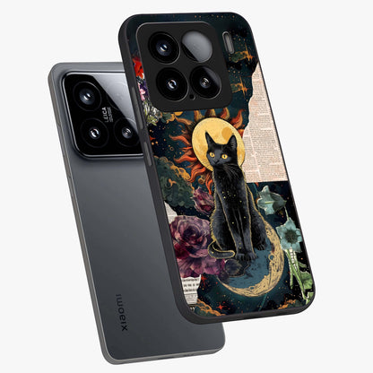 Celestial Black Cat Glass Case displayed in angled mockup highlighting cosmic black cat design with celestial aesthetic.