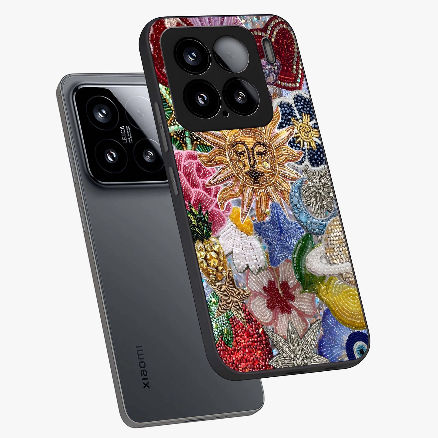 Celestial Floral and Playful Glass Case displayed in angled mockup highlighting playful floral design with dreamy celestial elements.