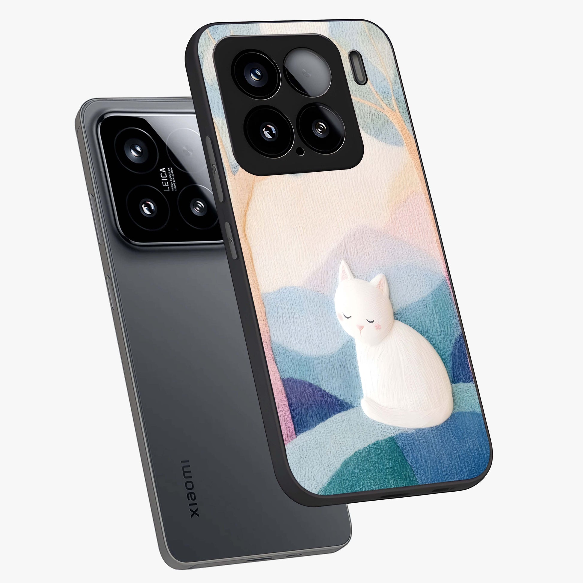 Cotton Dream Cat Glass Case displayed in angled mockup highlighting cute feline illustration with pastel aesthetic style.