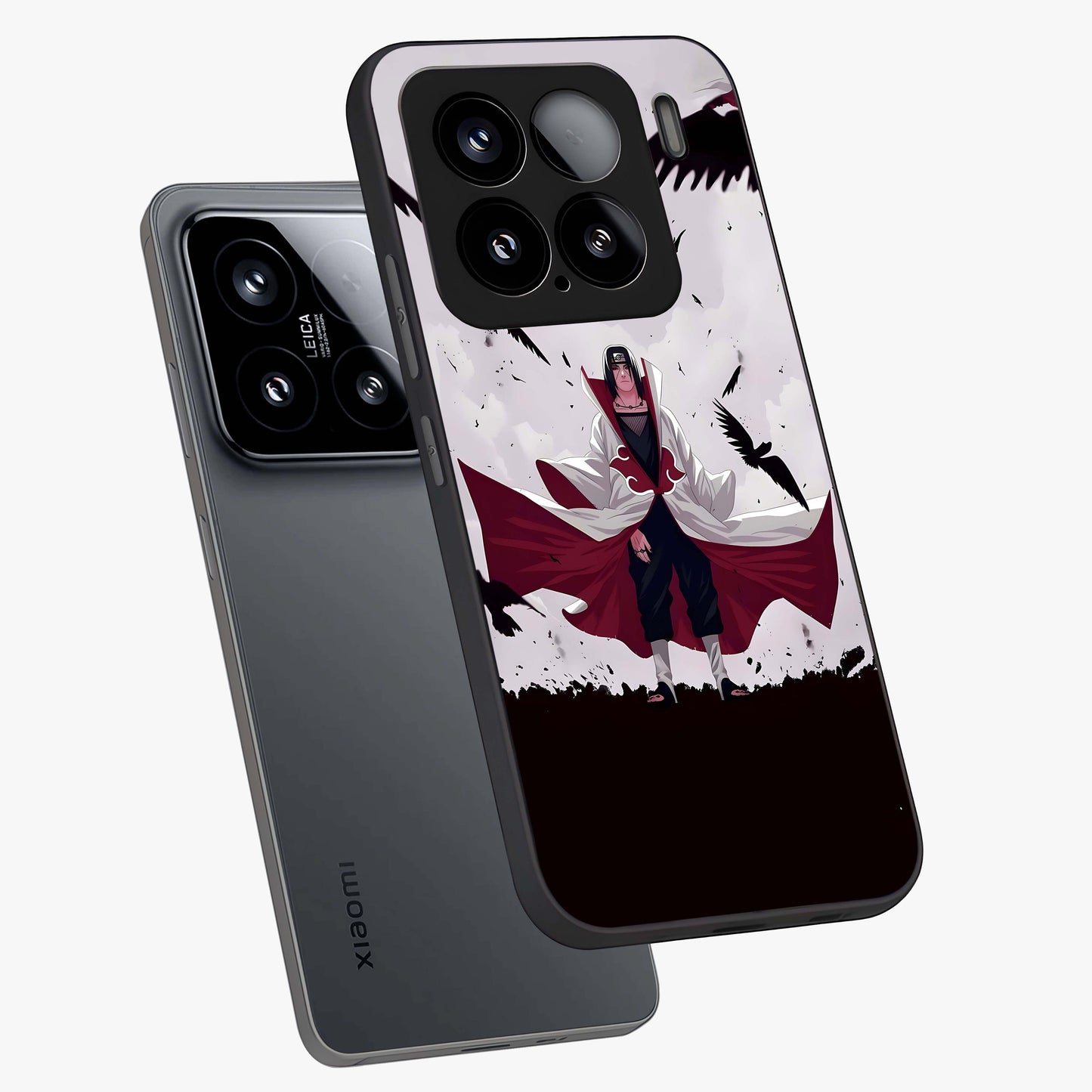 Crimson Crow Ascension Glass Case displayed in angled mockup highlighting powerful crow illustration with dark crimson aesthetic.