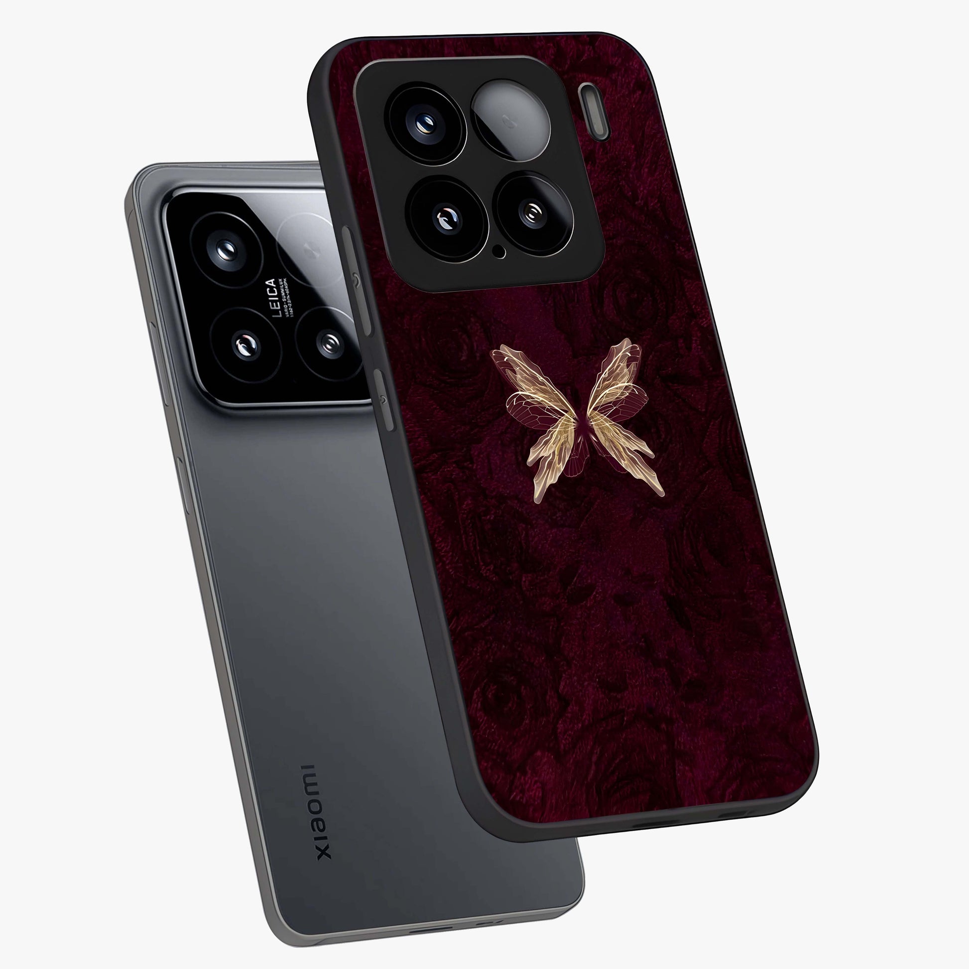 Crimson Fade Butterfly Glass Case displayed in angled mockup highlighting elegant butterfly design with crimson gradient aesthetic.