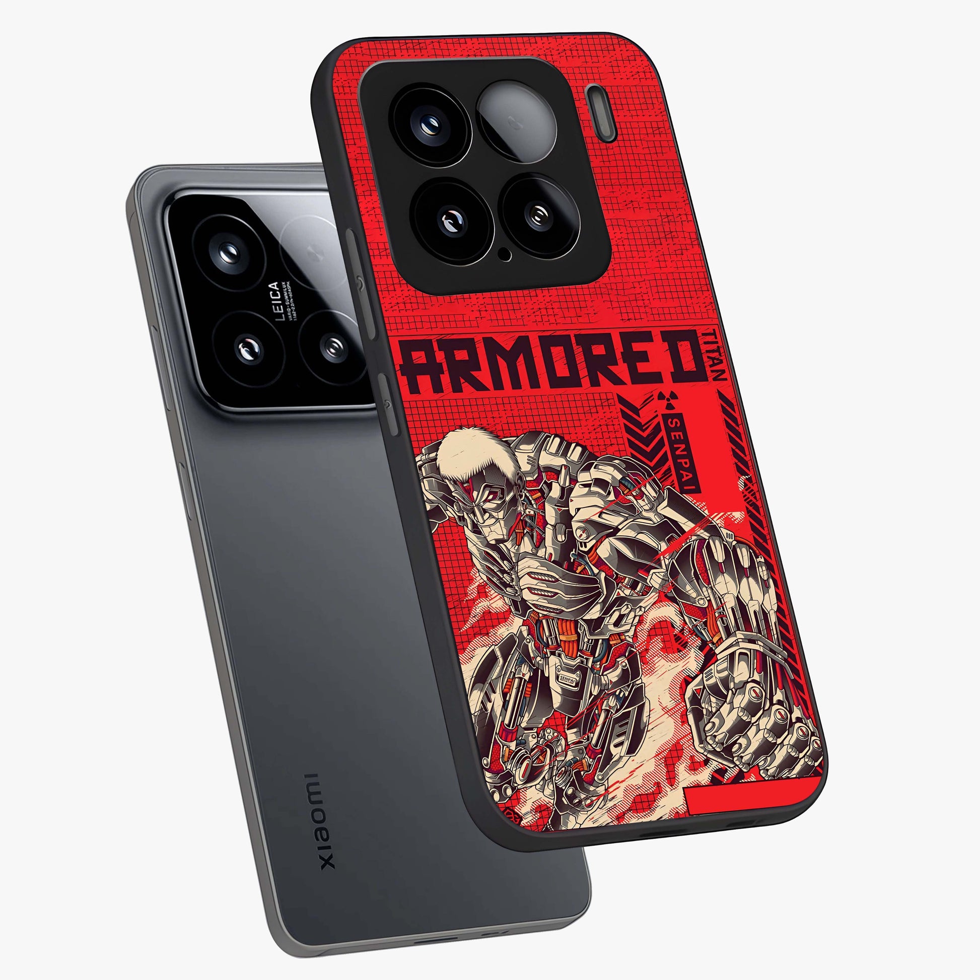 Crimson Mecha Titan Glass Case displayed in angled mockup highlighting futuristic mech illustration with bold crimson aesthetic.