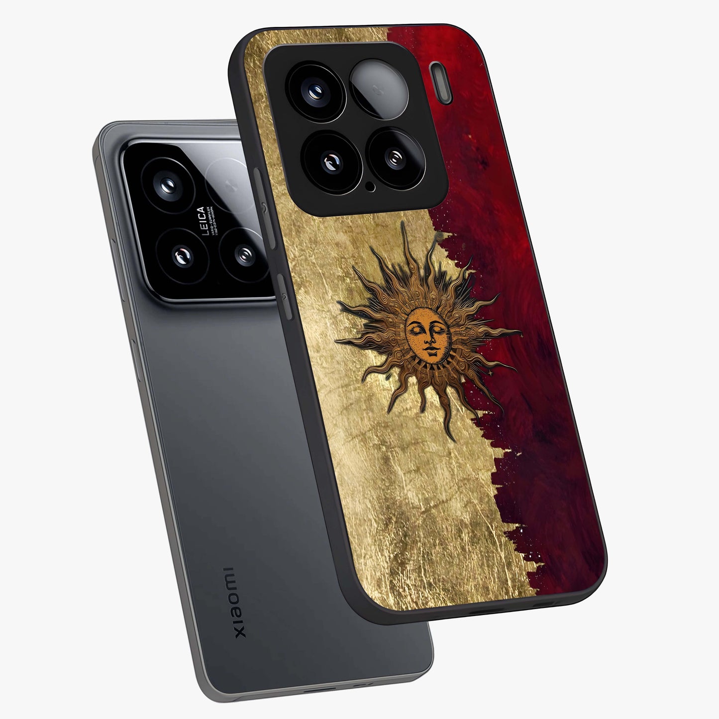 Crimson Sun Majesty Glass Case displayed in angled mockup highlighting majestic crimson sun design with bold aesthetic style.