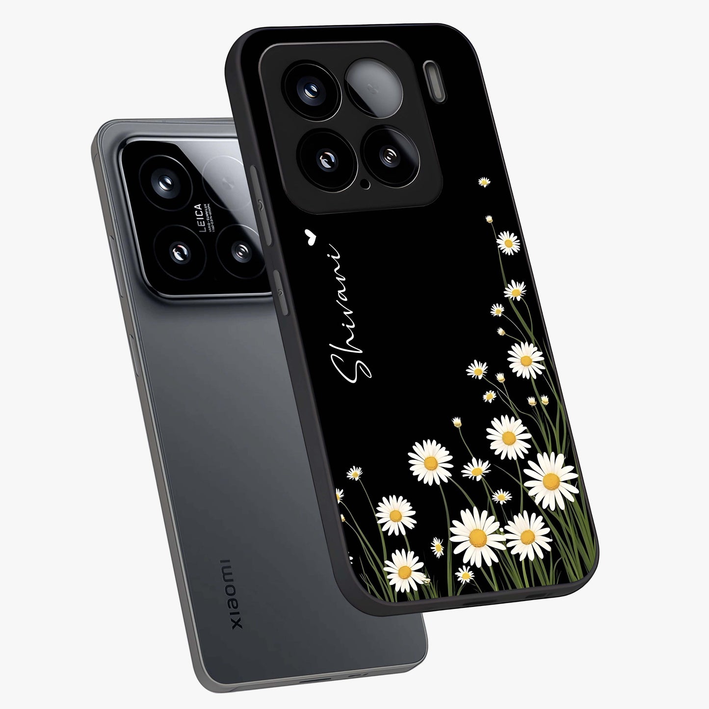 Daisy Cascade Custom Name Glass Case displayed in angled mockup highlighting delicate daisy artwork with custom name feature.