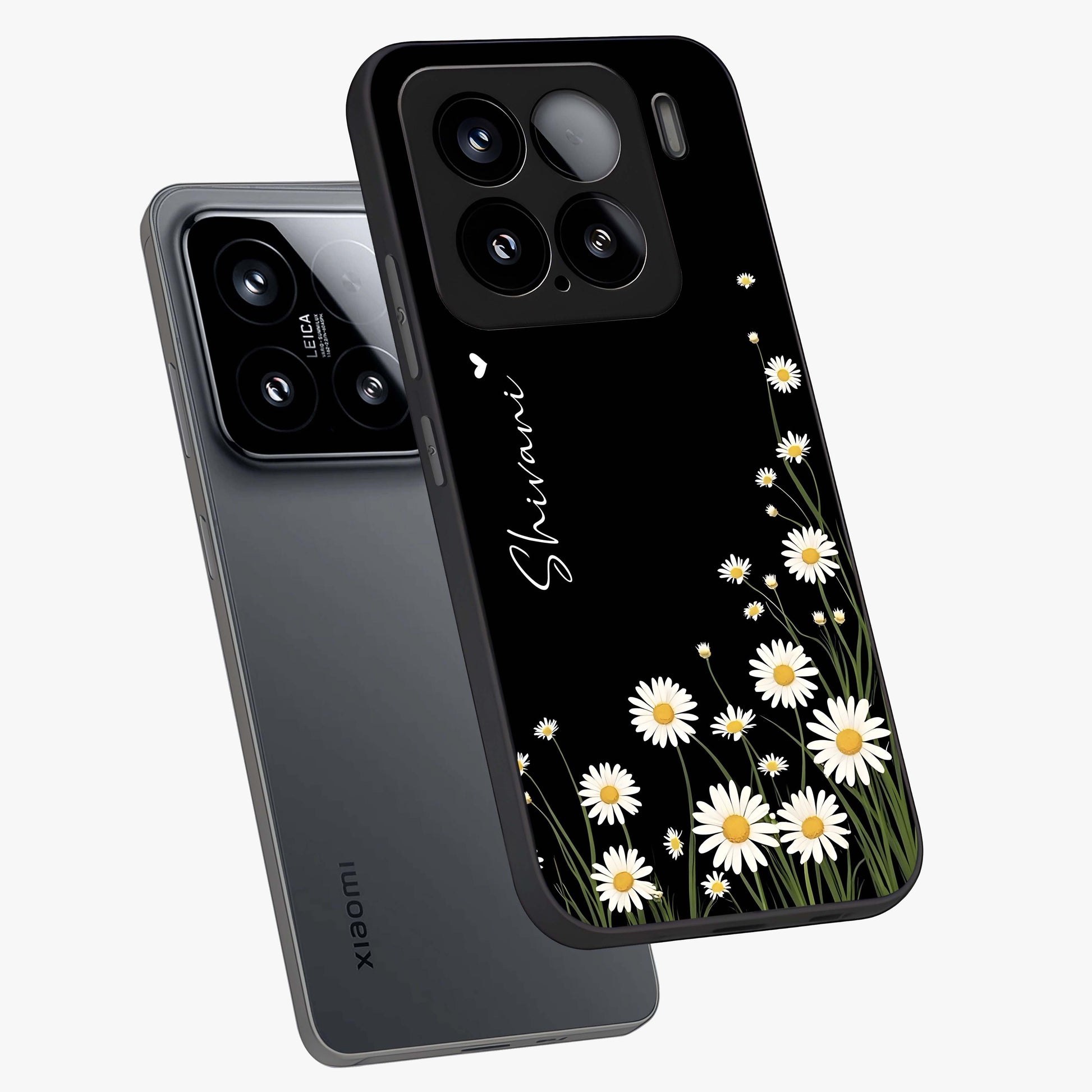 Daisy Cascade Custom Name Glass Case displayed in angled mockup highlighting delicate daisy artwork with custom name feature.
