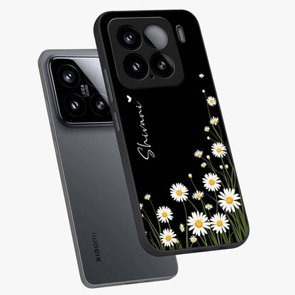 Daisy Cascade Custom Name Glass Case displayed in angled mockup highlighting delicate daisy artwork with custom name feature.