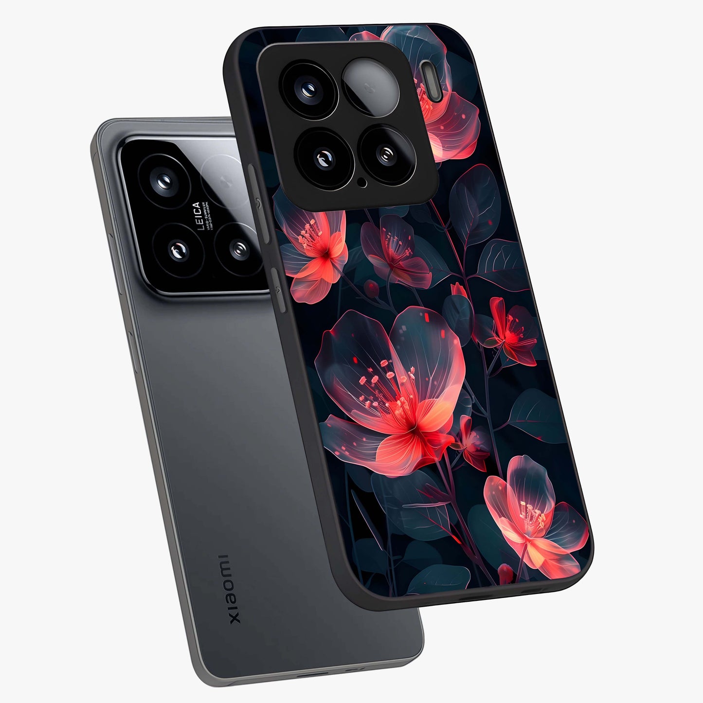 Dark Shade of Flower Glass Case displayed in angled mockup highlighting moody floral illustration with aesthetic dark tones.