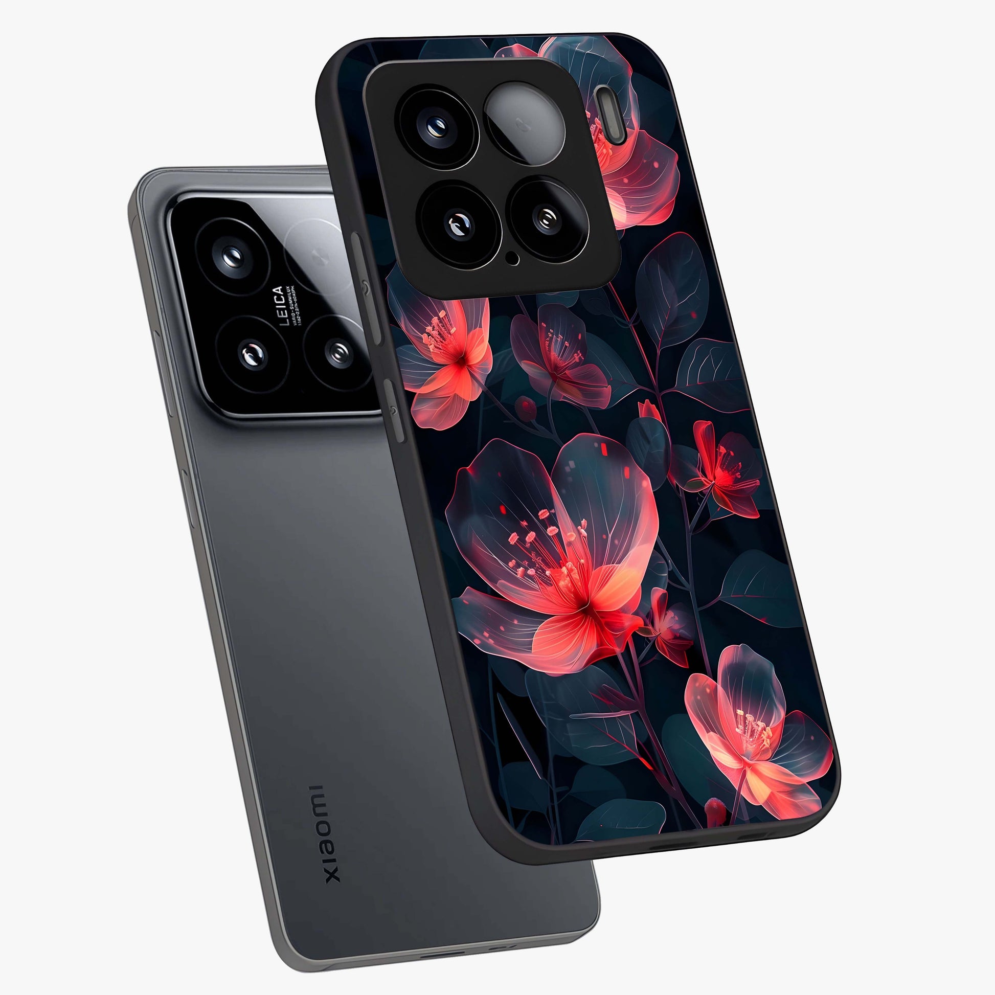 Dark Shade of Flower Glass Case displayed in angled mockup highlighting moody floral illustration with aesthetic dark tones.