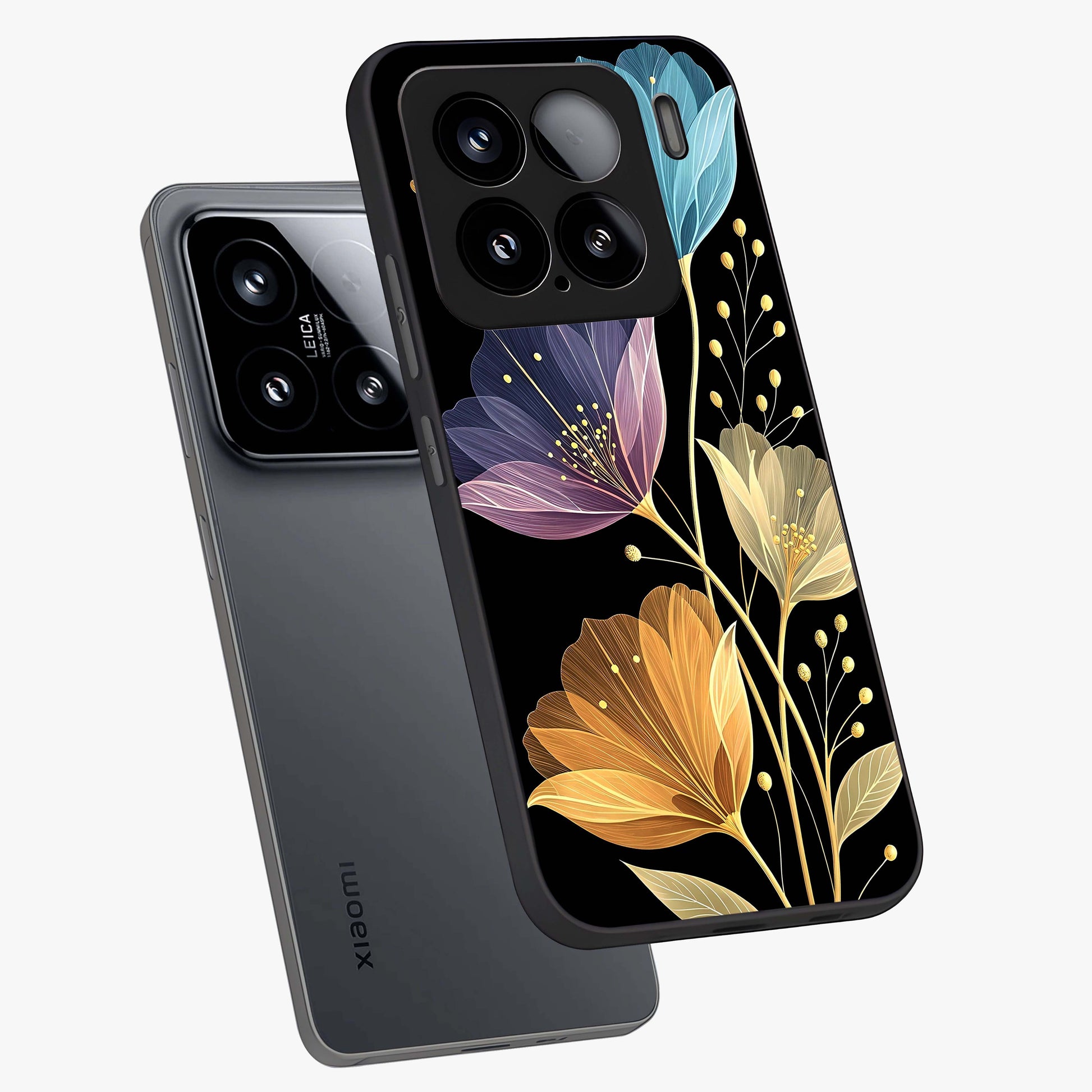 Delicate Multicolor Flowers Glass Case displayed in angled mockup highlighting colorful flower pattern with soft aesthetic style.