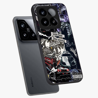Die Young Glass Case displayed in angled mockup highlighting expressive graphic artwork with edgy aesthetic style.