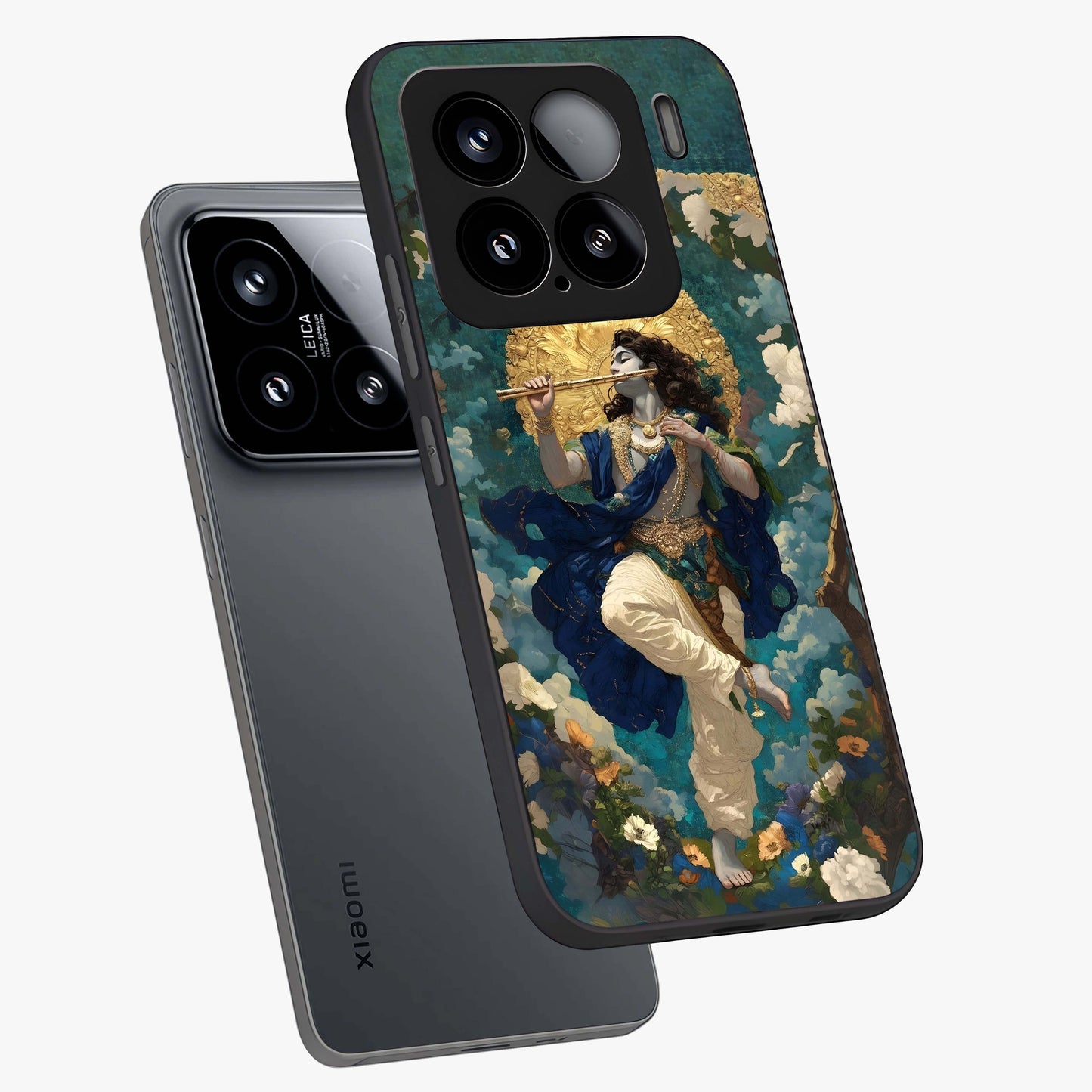 Divine Krishna Art Glass Case displayed in angled mockup highlighting spiritual Krishna illustration with devotional aesthetic.