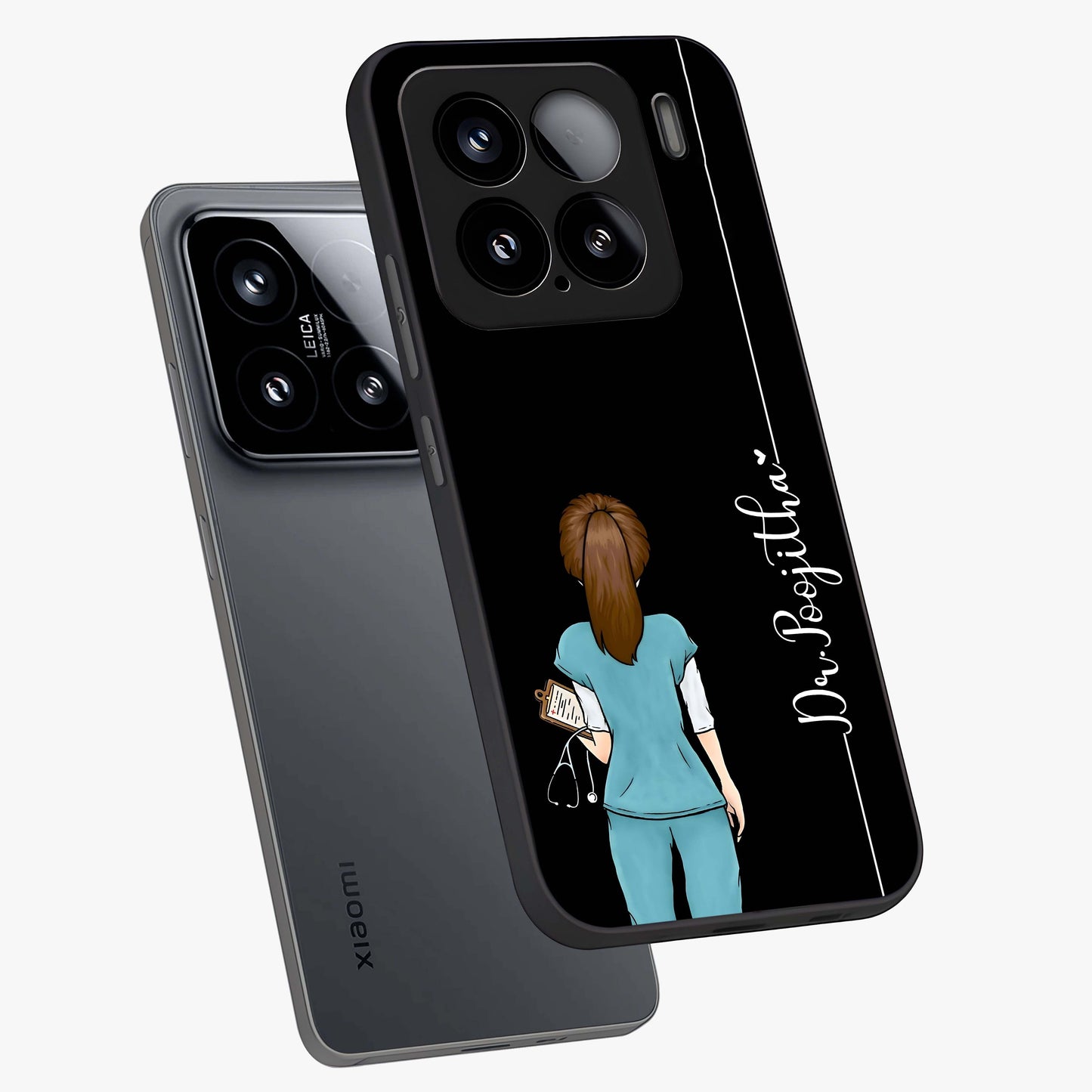 Doctor Pattern Custom Name Glass Case displayed in angled mockup highlighting doctor inspired artwork with custom name feature.