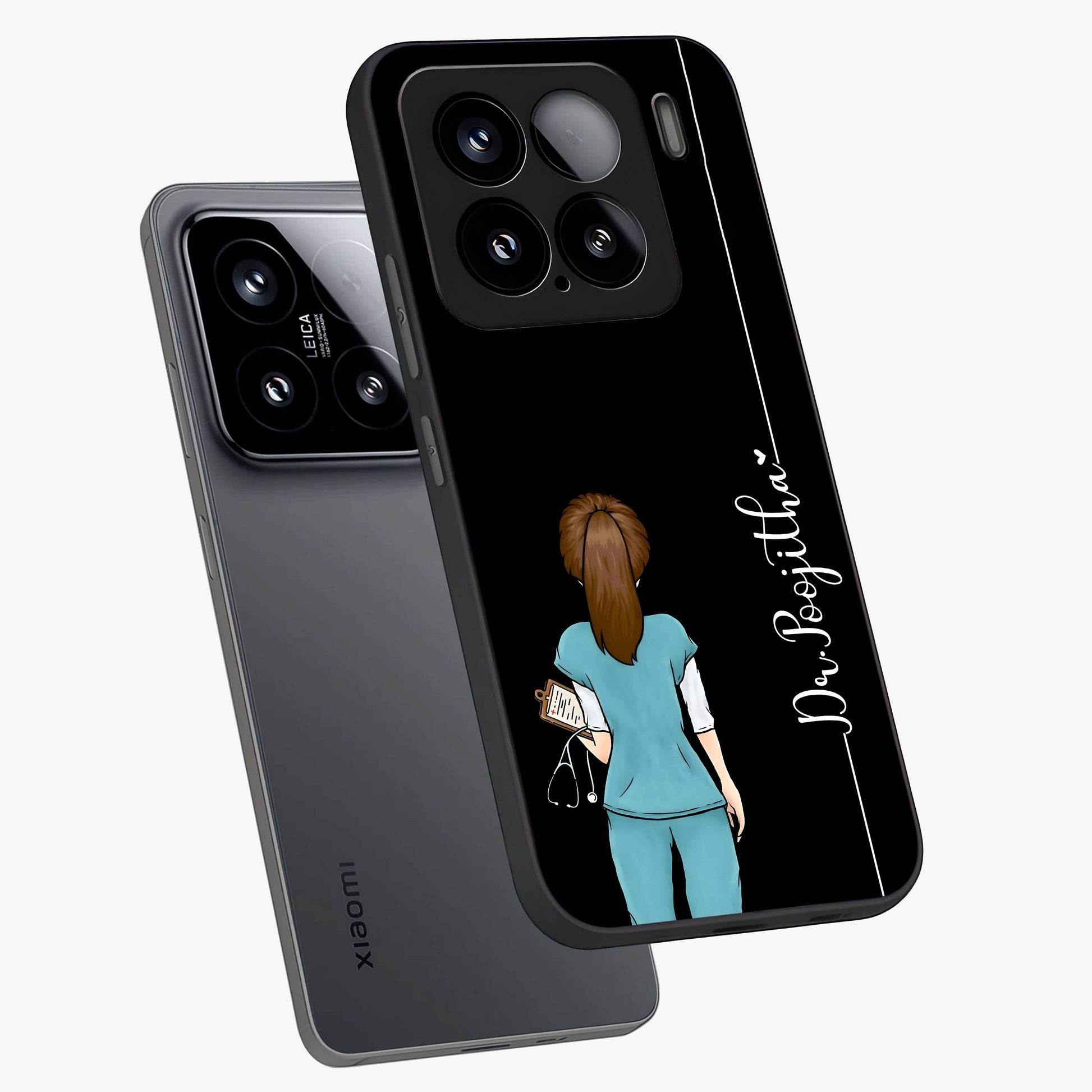 Doctor Pattern Custom Name Glass Case displayed in angled mockup highlighting doctor inspired artwork with custom name feature.