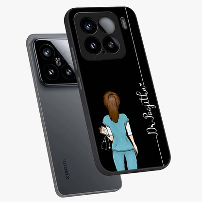 Doctor Pattern Custom Name Glass Case displayed in angled mockup highlighting doctor inspired artwork with custom name feature.