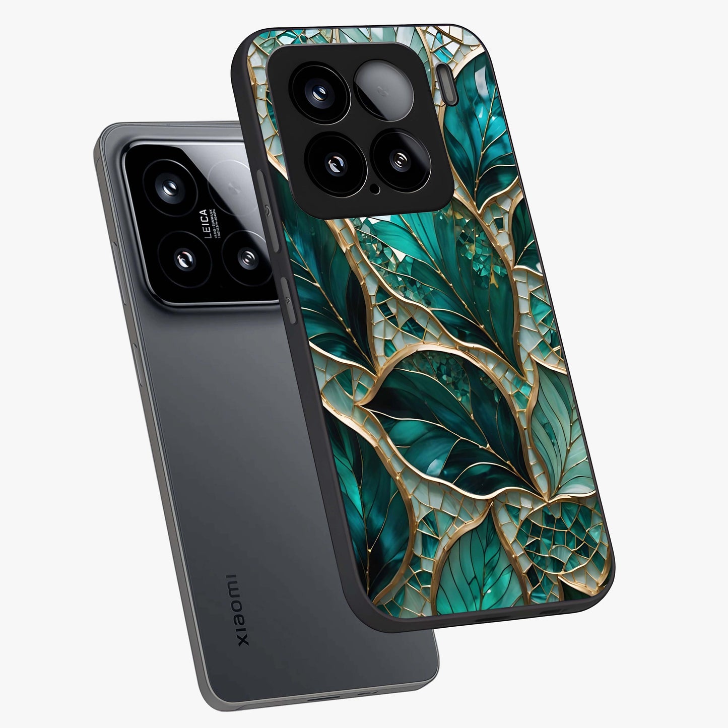 Emerald Leaf Glass Glass Case displayed in angled mockup highlighting botanical leaf illustration with elegant natural aesthetic.