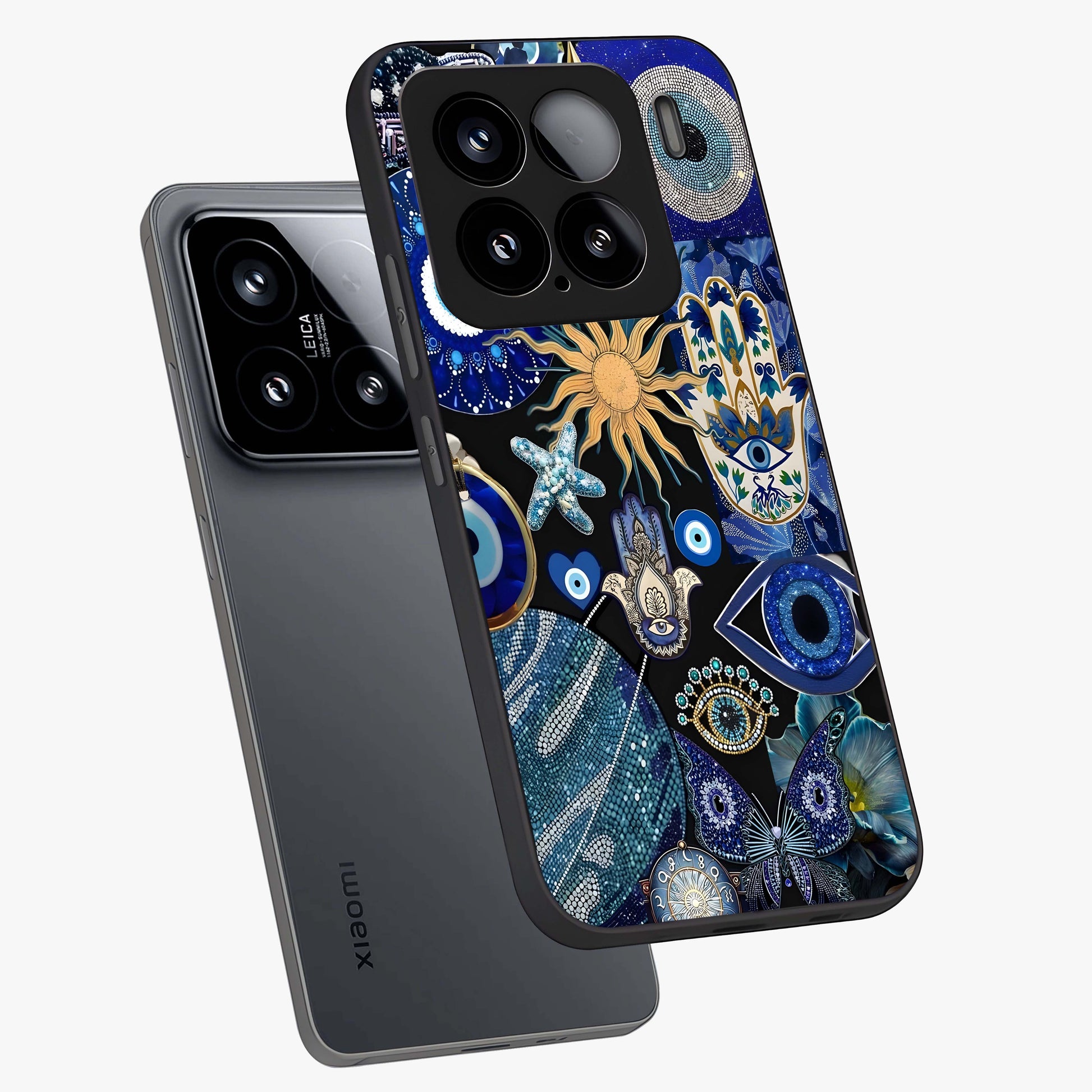 Evil Eye Charm Mix Glass Case displayed in angled mockup highlighting protective evil eye symbols with spiritual aesthetic design.