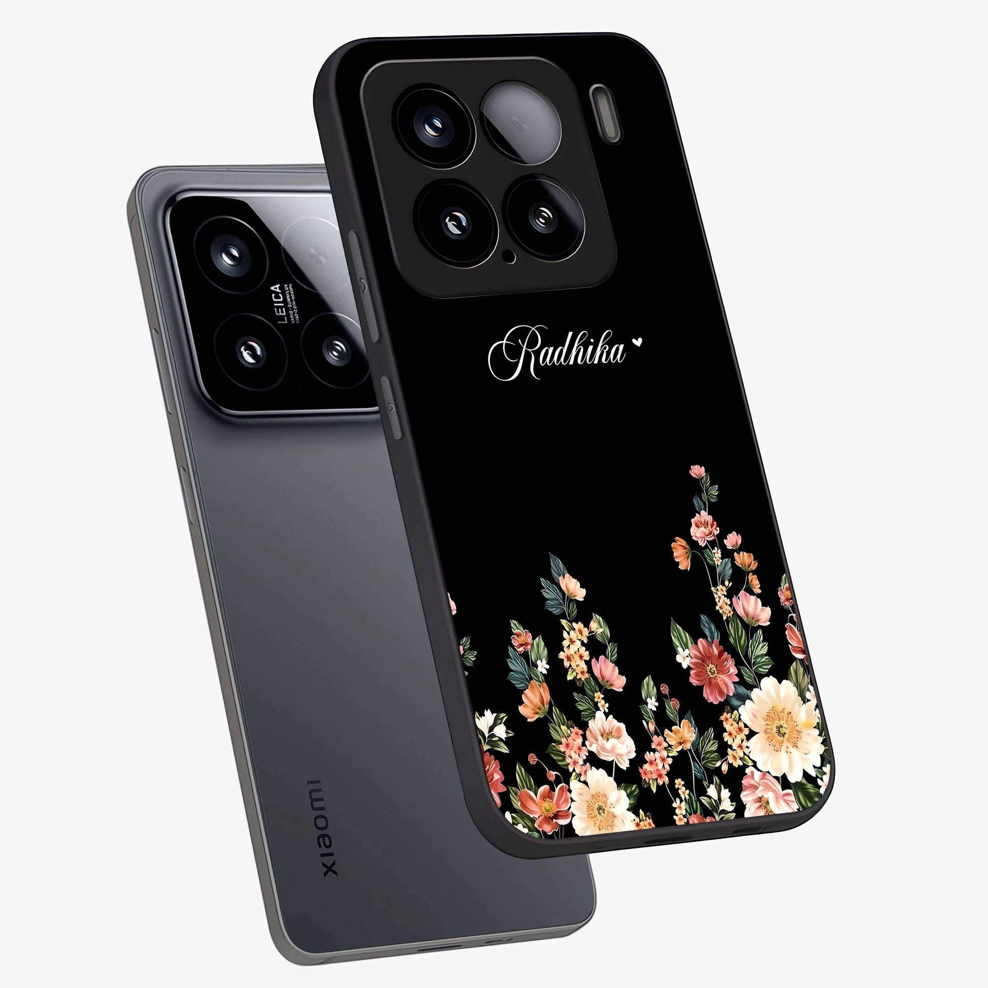 Floral Design With a Custom Personalized Name Glass Case displayed in angled mockup highlighting elegant floral pattern with custom name feature.