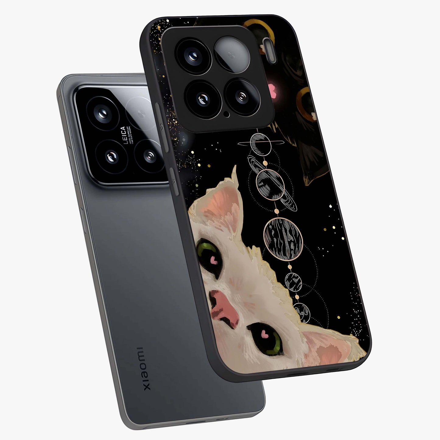 Galactic Cat Glass Case displayed in angled mockup highlighting celestial feline illustration with galaxy aesthetic style.