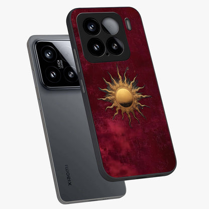 Golden Sun Minimalism Glass Case displayed in angled mockup highlighting clean sun symbol design with modern minimal aesthetic.