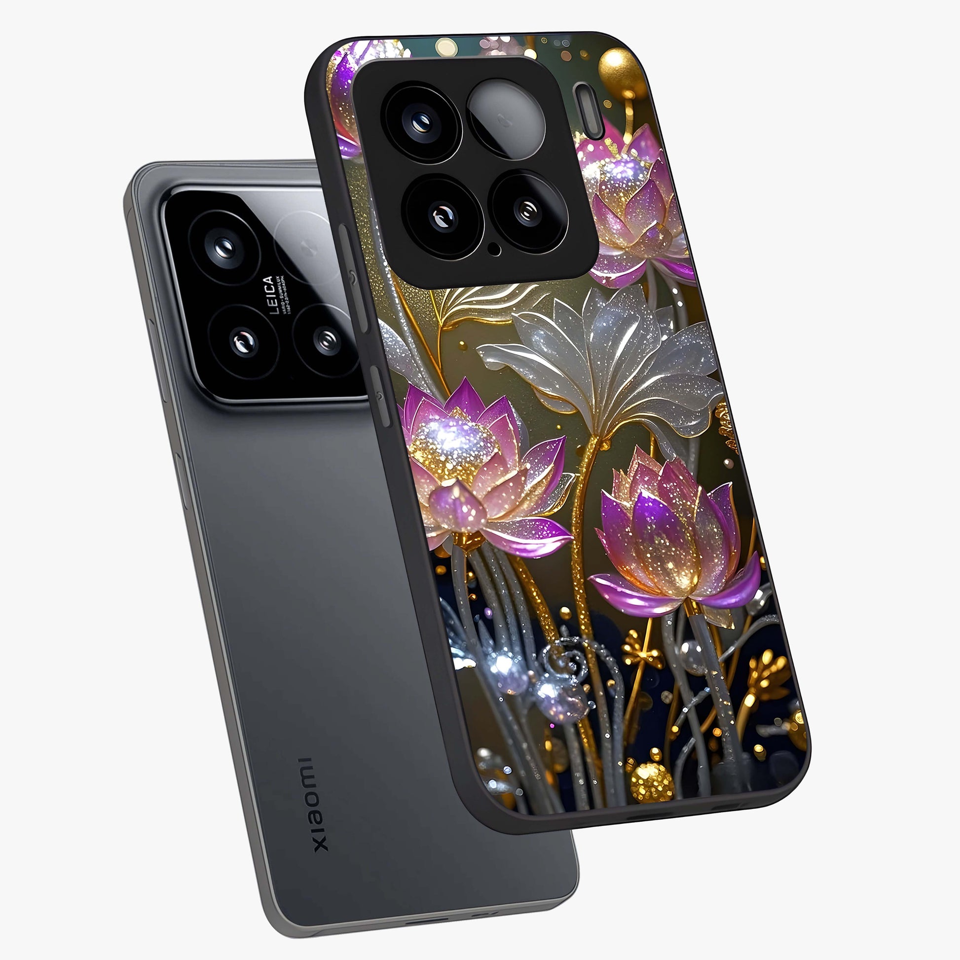 Golden Floral Majesty Glass Case displayed in angled mockup highlighting elegant flower design with royal golden aesthetic.