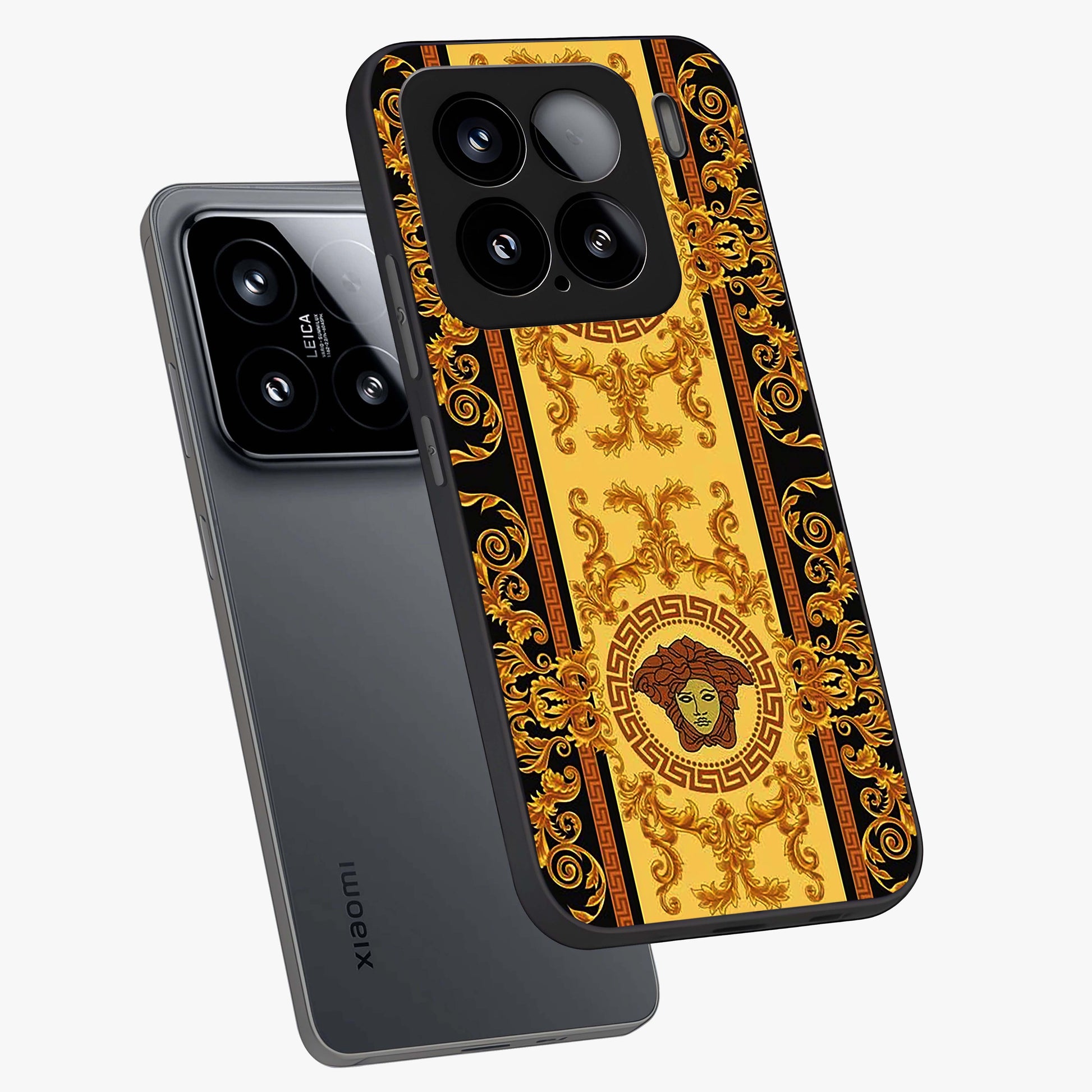 Golden Lotus Glow Glass Case displayed in angled mockup highlighting radiant lotus illustration with spiritual aesthetic.