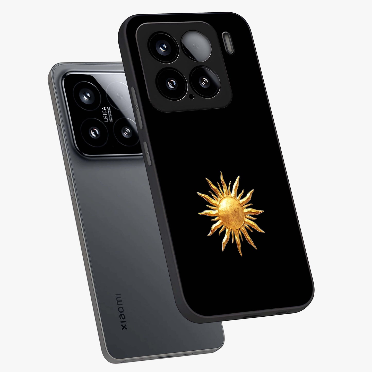 Golden Sun Minimalism Glass Case displayed in angled mockup highlighting eerie shadow illustration with gothic aesthetic.