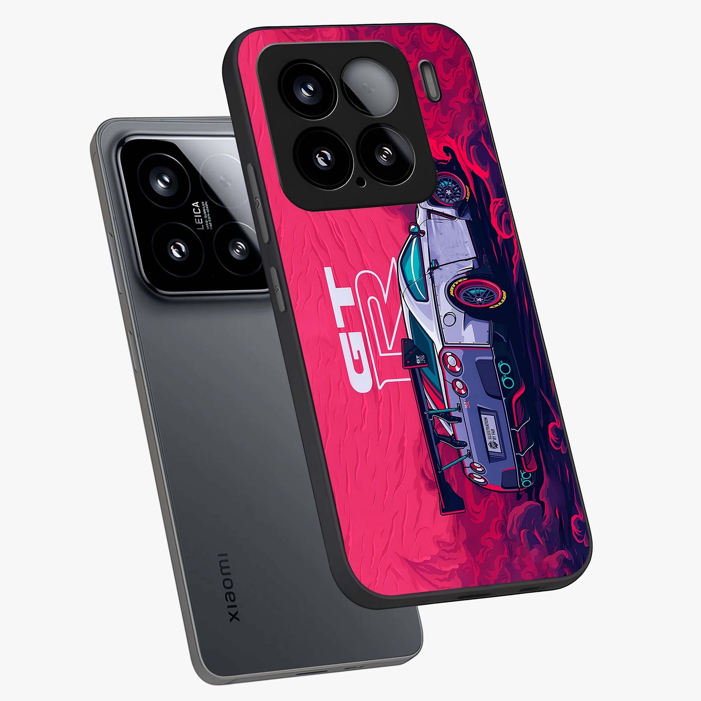 GT-R Car Pattern Glass Case displayed in angled mockup highlighting racing car graphic design with bold automotive aesthetic.