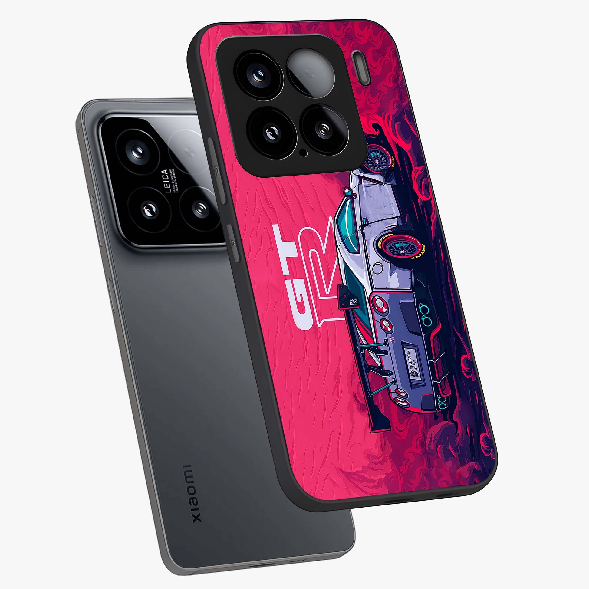 GT-R Car Pattern Glass Case displayed in angled mockup highlighting racing car graphic design with bold automotive aesthetic.