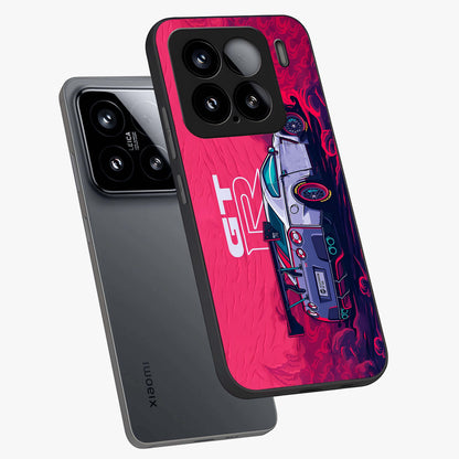 GT-R Car Pattern Glass Case displayed in angled mockup highlighting racing car graphic design with bold automotive aesthetic.